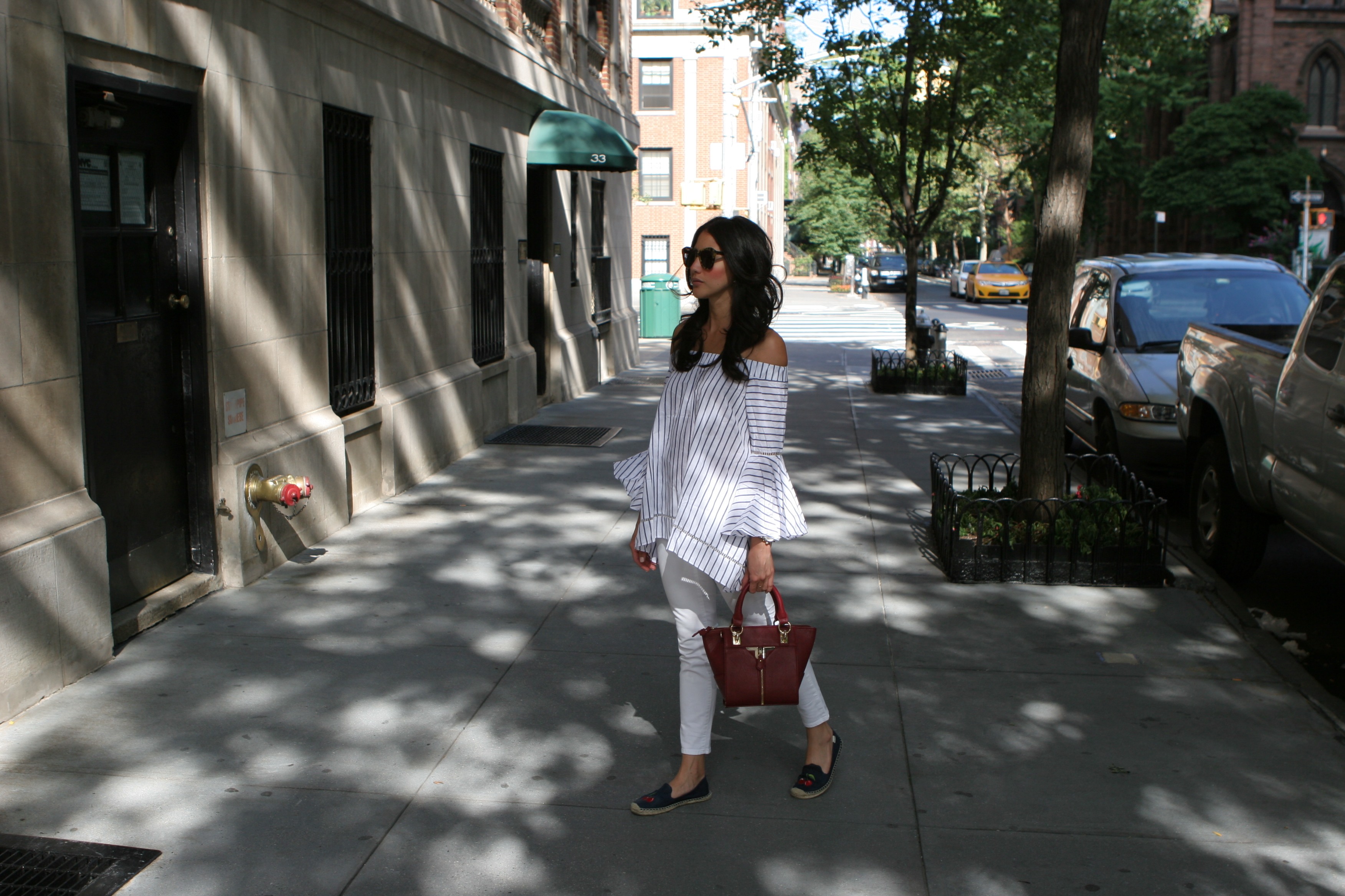 Striped Off the Shoulder Bell Sleeve 