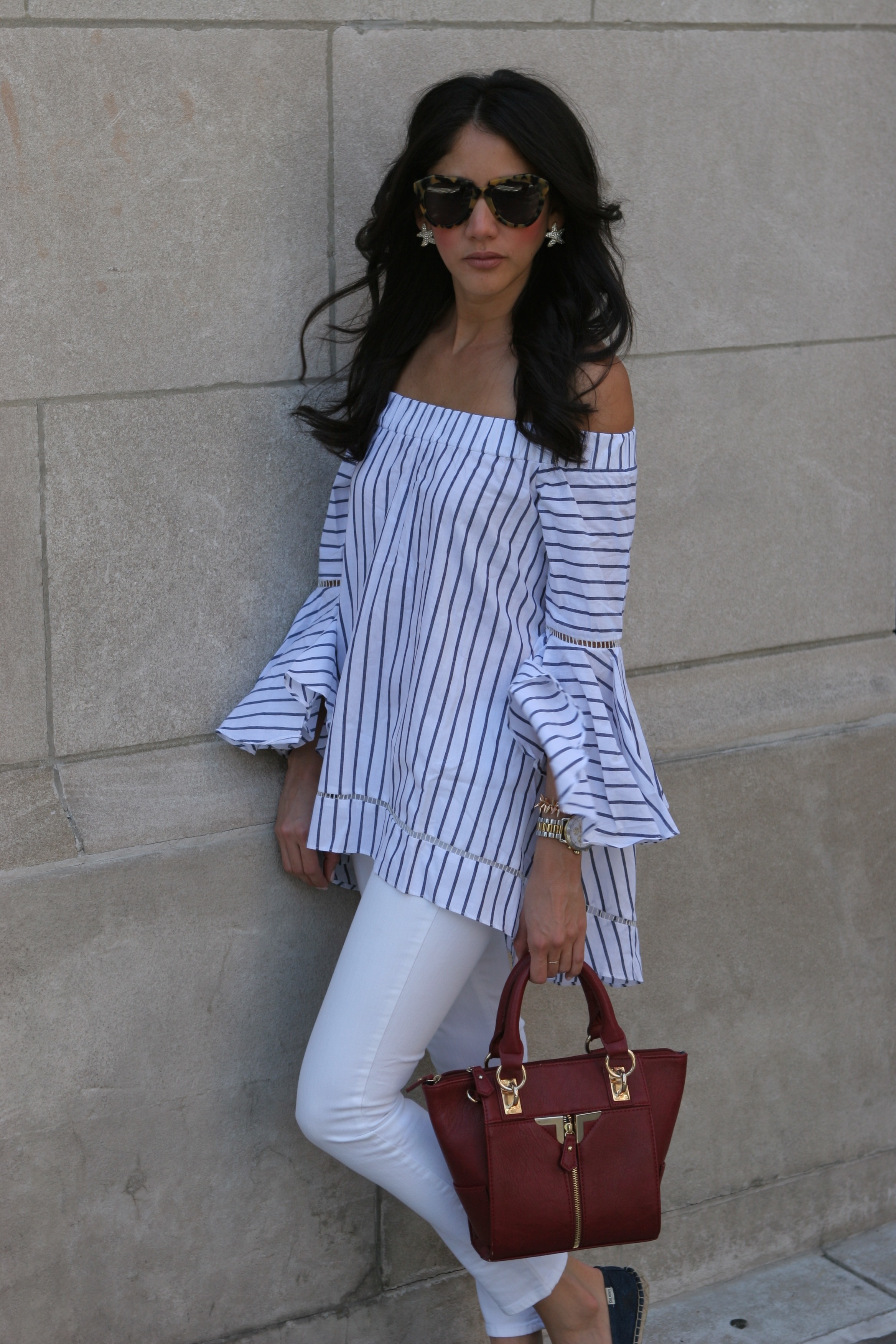 Striped Off the Shoulder Bell Sleeve Blouse – Maria On Point